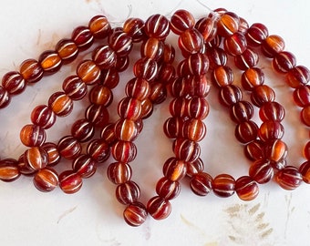 8mm Large Hole Melon Beads, Ladybug Red and Orange with a Copper Wash, 20 Beads Per Strand