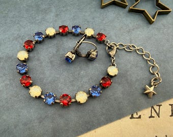 Petite Crystal Chaton Bracelet and Earring Set, Red, White Opal, Blue