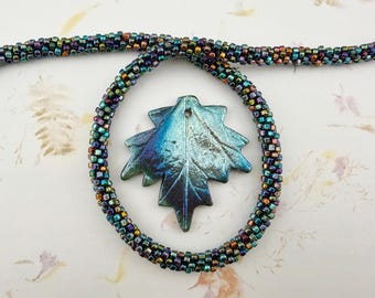 XAZ Raku Leaf Pendant, Shimmering Blues, Maple Leaf, 58mm