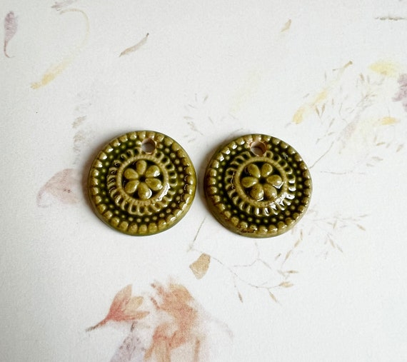 Stoneware Beads Decorated with a Hand Crafted Stamp Medallion Design, Set of Two Beads, Sage Glaze Finish