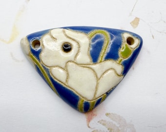 White Poppies on Dark Blue, Large Triangle Stoneware Pendant with Poppies, Two Hole Front Drilled Pendant, Dark Blue Glaze Front and Back