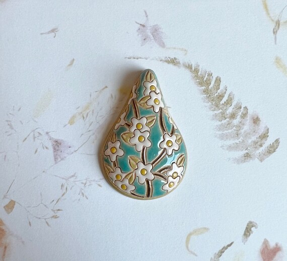 White Sakura Blossoms, A Drop Shaped Stoneware Pendant, Handcarved And Hand Painted, Glazed On Both Sides, Drill Hole Is Approximately 2.6mm