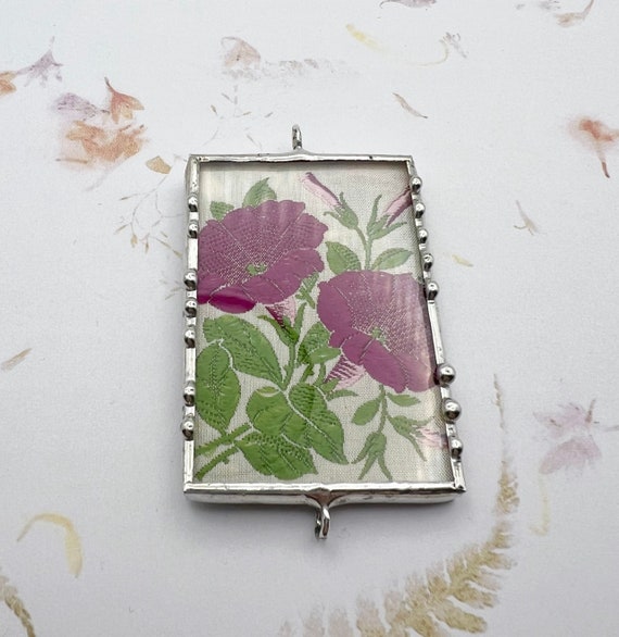 Kenistas Petunia, Silk Flower Mixed Media Pendant, Two Sided Design Using the Embroidered Silk Flower and the Descriptive Back Panel