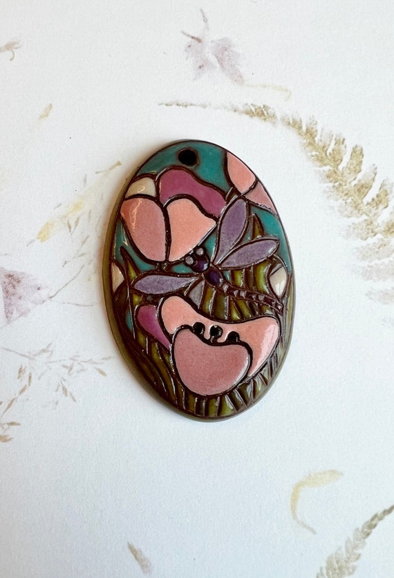 Poppies and Dragonfly Oval Pendant In Teal And Purples On Terracotta, Golem Design Studio Beads, Large Oval Pendant