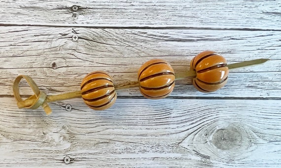 Pumpkin Orange With Brown Stripping , Hand Carved Pumpkin Beads, Large Hole Beads, Spacer Beads