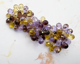 6x9mm Teardrop Beads In A Mix Of Grape And Yellow With Gold Flake, 25 Beads Per Strand, Czech Glass Teardrop Beads