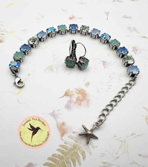 Sea and Sky Crystal Bracelet, Crystals in a Mix of the Sea and Sky Colors , Adjustable Length, Includes Free Earrings with Bracelet