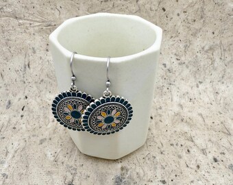 Bohemian Enamel Earrings, Deep Blue  Enamel and Complimentary Colors on an Ancient Design, Drop Dangle Earrings, Silver Plate, Hook Ear Wire