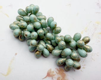 6x9mm Teardrop Beads Mint with Gold Flake Finish, 25 Beads Per Strand, Czech Glass Teardrop Beads