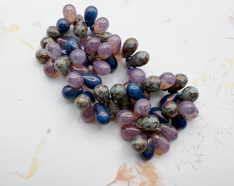 6x9mm Teardrop Beads, Dusty Rose, Mint and Pacific Blue Mix with a Gold Flake Finish, 25 Beads Per Strand, Czech Glass Teardrop Beads