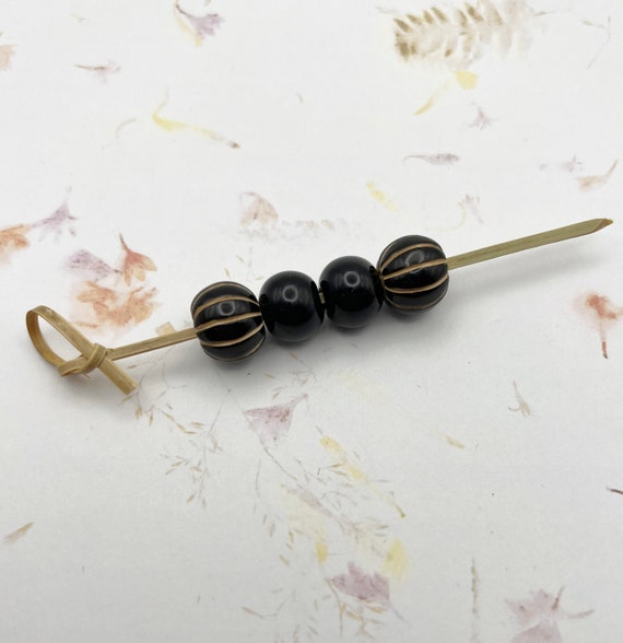 Set of Four, Black Glazed Round Beads, Two Smooth Rounds and Two Melons, Large Hole Beads For Kumihimo, Spacer Beads, Golem Beads