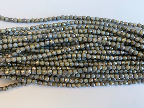 4mm Green Opaque Luster Fire Polish Beads, Round Faceted 4mm Fire Polish Beads, 50 Beads Per Strand