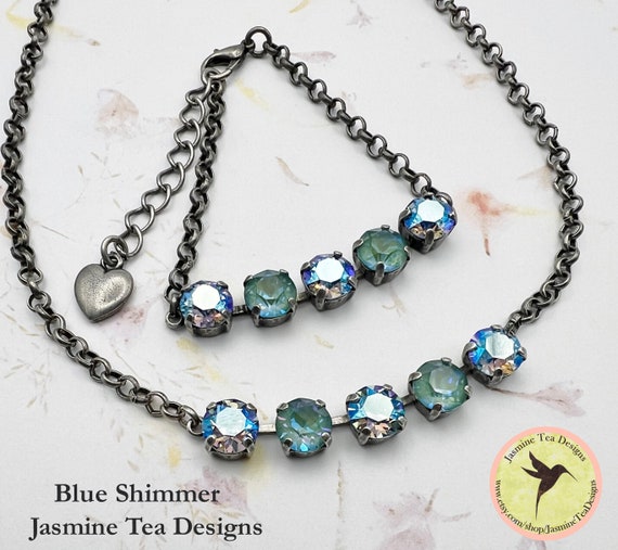 Blue Shimmer Five Stone Necklace or Bracelet, European Crystals, Antique Silver Rolo Chain with Extender and Heart Dangle