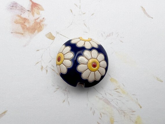 White Daisies on a Deep Blue Background Lentil Bead, Focal Bead, Large Hole Beads for Kumihimo