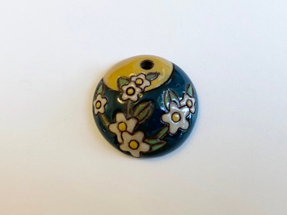 Domed Small Terracotta Pendant,  Moonlight Blossoms on Terracotta, Small Round Pendant, Carved and Glazed Terracotta