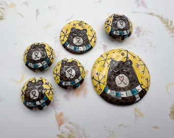 Mr Brown Bear with Colorful Scarf and Pink Heart Nose, High Fired Stoneware, Hand Crafted