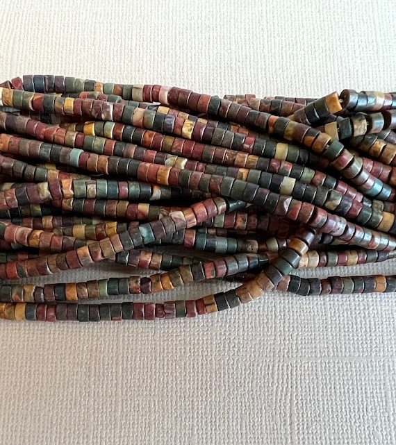 Spacer Heishi Beads, 2x4mm, Picasso Sediment Jasper, 140 Beads Per Strand, Flat Round Heishi Beads