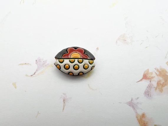 NEW!  Flowers and Dots, Almond Shaped Beads, Mixed Technique Stoneware Beads, Golem Design Studio, Medium Almond Shaped Beads