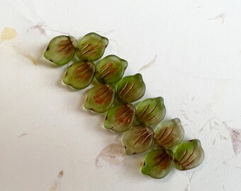 Peony Petal Beads 9x12mm, Transparent Matte Peridot with Copper Wash, Peony Petals