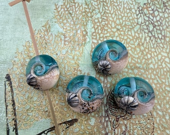 Artisan Ocean Wave Transparent Blue Lampwork Bead with Barnacles and Sand