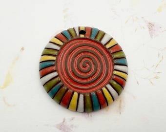 Red Rainbow Spiral Pendant, Contemporary Pattern Pendant Bead,  Artisan Focal Beads, Handcrafted Hand-carved High Fired Stoneware Beads