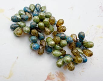 6x9mm Teardrop Beads, Sage, Pacific Blue and Ivory Mix with a Picasso Finish, 25 Beads Per Strand, Czech Glass Teardrop Beads