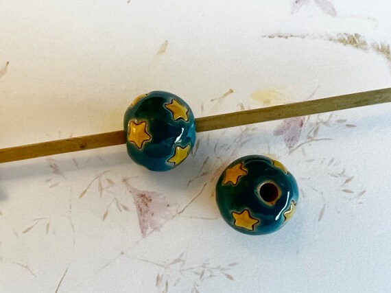 Set of Two, Yellow Stars on Teal Glazed Stoneware Beads, Large Hole Beads, Set of 2 Star Beads
