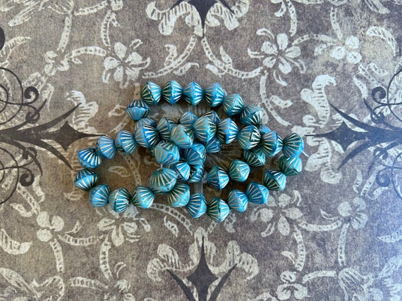 9mm Tribal Bicone, Teal, Emerald with a Gold Wash, Large Hole, 15 Beads Per Strand, Czech Pressed Glass Beads