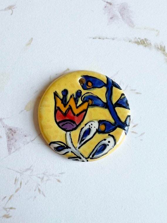 Sampler Tulip by Damyanah Studio, Small Pendant, Hand Painted and Hand Glazed Stoneware Pendant