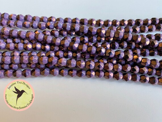 6mm Fire Polish Duet Purple Vega, 6mm Fire Polish Beads, Faceted 6mm Fire Polish Beads, 25 Beads Per Strand