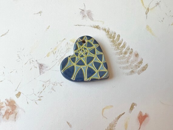 Fossil Heart, Stoneware, Carved Glazed Fossil Heart Pendant, Hand Crafted by Golem Design Studio, Shades of Blue with Green