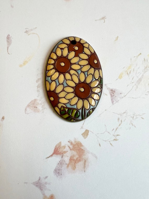 Sunflowers Oval Pendant, Terracotta Sunflower Oval Pendant by Golem Design Studio Beads, Large Oval Pendant