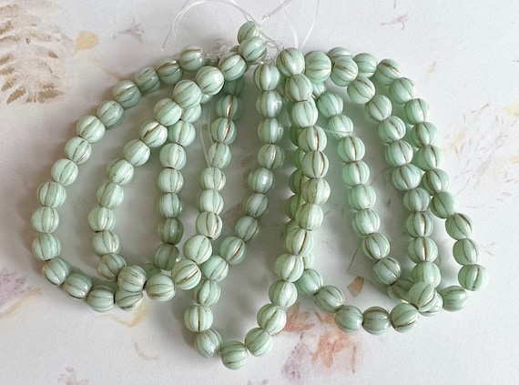 6mm Large Hole Melon Beads, Mint with Gold Wash, 25 Beads Per Strand