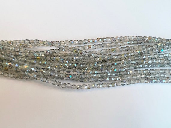 4mm  Crystal Blue Rainbow Fire Polish Beads, Round Faceted 4mm Fire Polish Beads, 50 Beads Per Strand