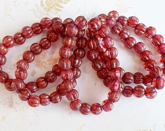 8mm Large Hole Melon Beads, Boysenberry with Golden Luster and a Pink Wash, 20 Beads Per Strand