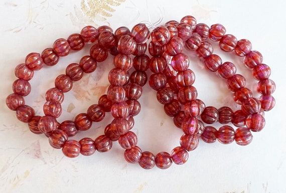 8mm Large Hole Melon Beads, Boysenberry with Golden Luster and a Pink Wash, 20 Beads Per Strand