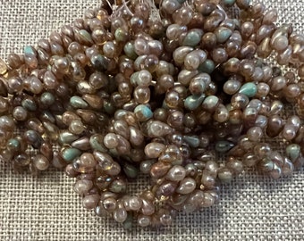 New! 4x6mm Teardrop Beads, Sea Green and Sandy Brown Mix, Top Side Drilled Teardrop Beads, 50 Beads Per Strand
