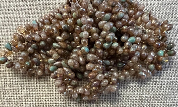 New! 6x4mm Teardrop Beads, Sea Green and Sandy Brown Mix, Top Side Drilled Teardrop Beads, 50 Beads Per Strand
