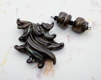 Artisan Lampwork Waterfall Pendant with Two Whirled Spacer Beads, Handcrafted Beads, Set of Three Artisan Beads