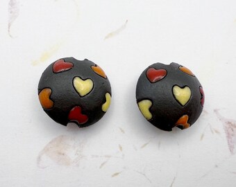 Set of 2 Heart Small Lentil Shaped Beads,  Lentil Shaped Beads, Handcrafted in Dark Clay with Colorful Glazed Hearts, Hearts