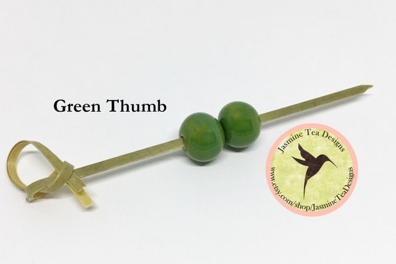 Set of Two, Green Thumb Glazed Rounds, Large Hole Beads For Kumihimo, Leather and Waxed Linen, Spacer Beads, Golem Beads