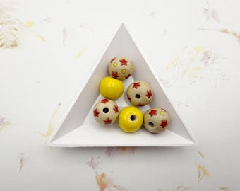 Set of 6 Large Hole Beads, 2 Glazed Stoneware Beads, 4 Red Star Beads, For Kumihimo, Knotting or Leather, Spacer Beads