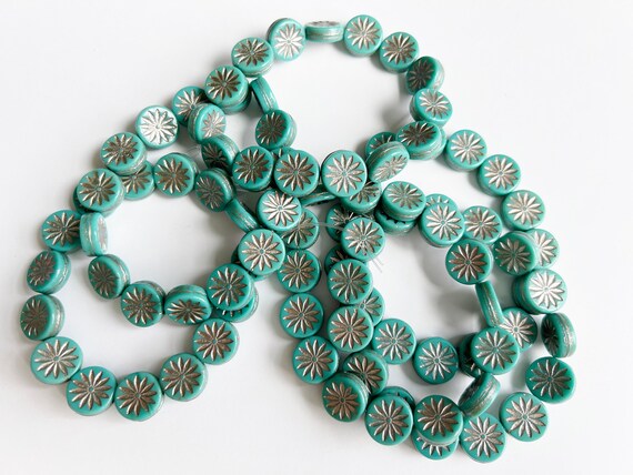 Coin Aster Flower, 12mm, Turquoise Opaque with a Platinum Wash, Table Cut Czech Glass, Aster Flowers, 15 Pieces