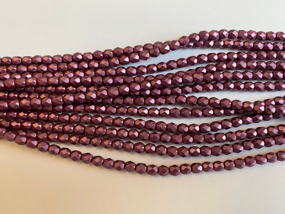 4mm Fire Polish Beads, Alabaster Pastel Burgundy, Faceted 4mm Fire Polish Beads, 50 Beads Per Strand