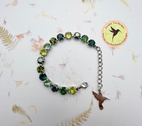 Green Meadow Crystal Bracelet, 8mm Swarovski Crystal Chaton, Adjustable From 7 Inches Up, Antique Silver