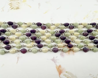 Czech Glass Beaded Chain, 3 Color Pinch Beads, Antique Silver Chain