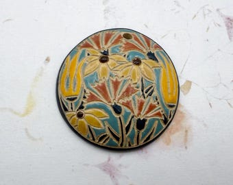 Wildflowers Dark Forest Green, Round Stoneware Pendant, Golem Design Studio, Glazed on the Reverse