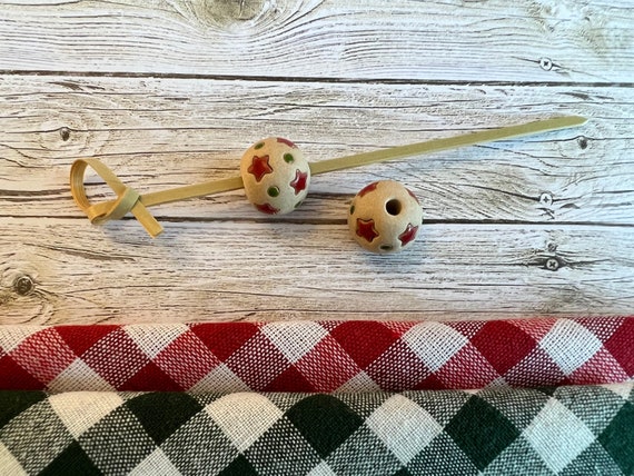 Red Stars and Green Dots, Glazed And Hand Carved Stoneware Round Beads, Large Hole Beads, Christmas Beads