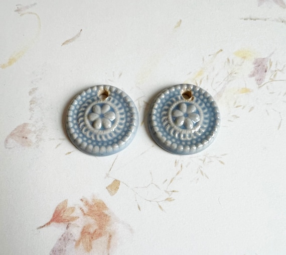 Stoneware Beads Decorated with a Hand Crafted Stamp Medallion Design, Set of Two Beads, Periwinkle Glaze Finish