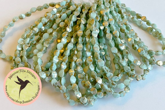 Pinch Beads, Opaque Mint With Gold Leaf, 5x3mm Pinch Beads, 30 Pinch Beads Per Strand